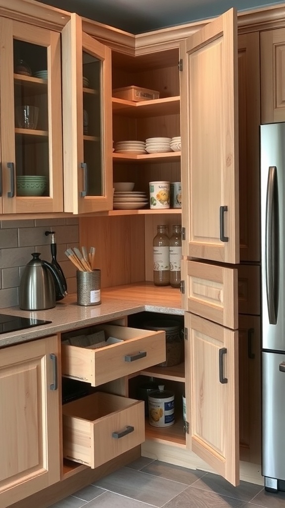 A kitchen cabinet with pull-out drawers and shelves, showcasing hidden storage solutions.