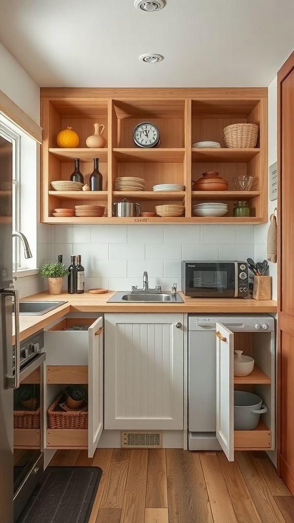 A compact kitchen with open shelving and pull-out storage solutions.