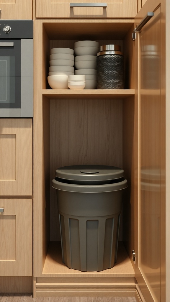 A bottom corner kitchen cabinet with a hidden trash bin and stacked dishes.
