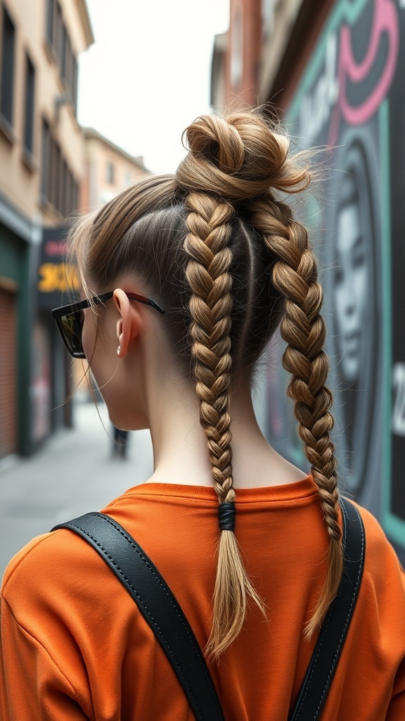 A stylish high ponytail with feed-in braids, showcasing a sleek look.