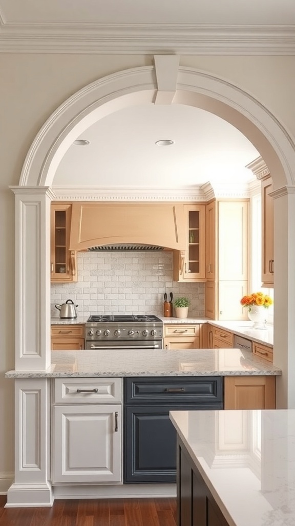 A kitchen featuring two-tone cabinets with an archway and elegant moldings.