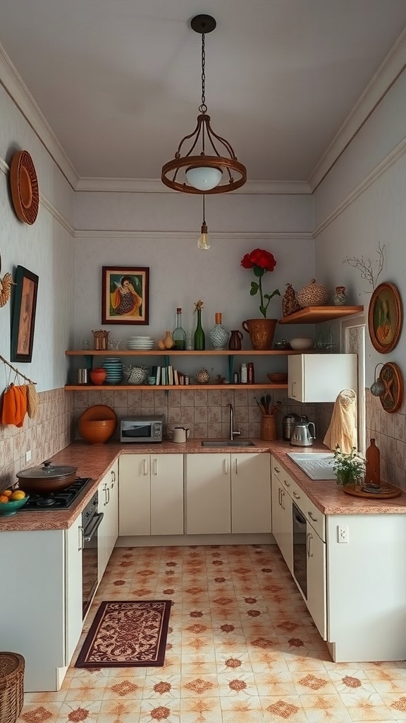 A cozy open kitchen featuring cultural artwork and decorative elements.