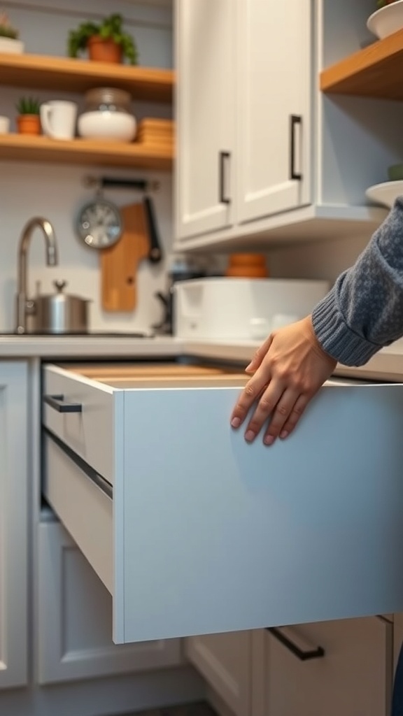 A hand reaching for a white kitchen drawer with modern pulls.