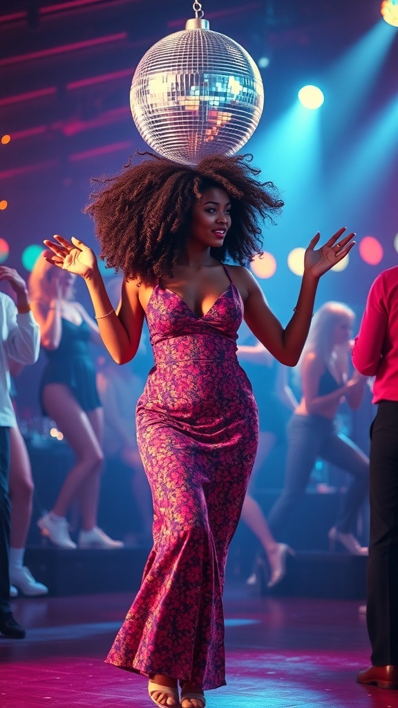 A woman dancing with large, curly hair under a disco ball, wearing a floral dress.