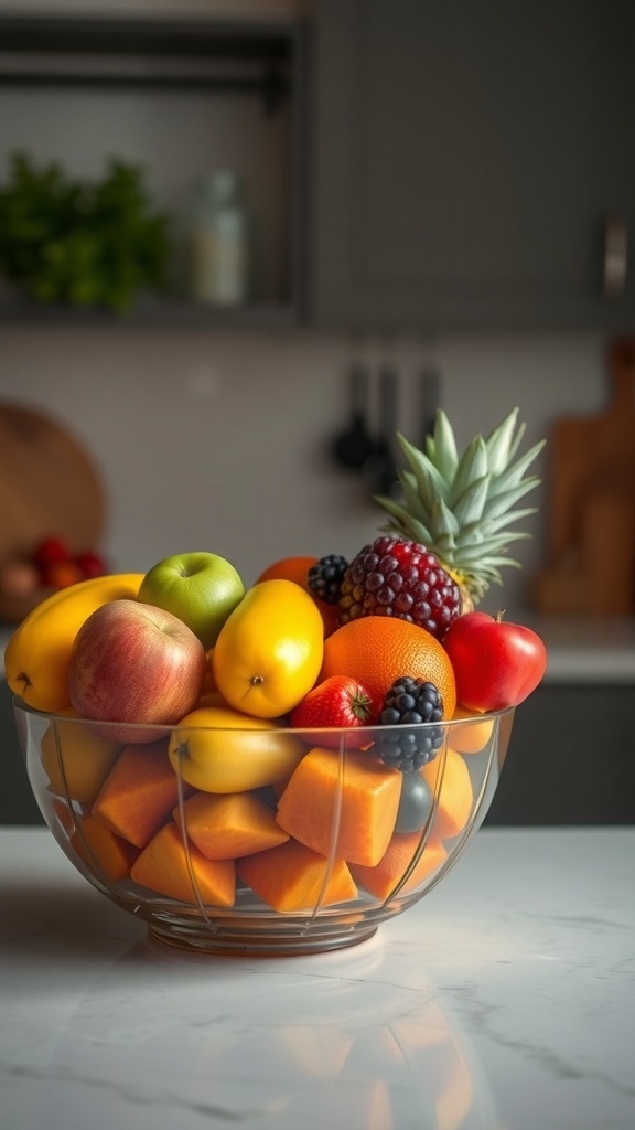 A vibrant fruit bowl filled with various fruits like apples, oranges, and berries on a kitchen counter.