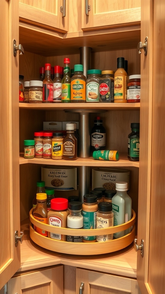 A corner cabinet with a Lazy Susan filled with various spices and sauces.
