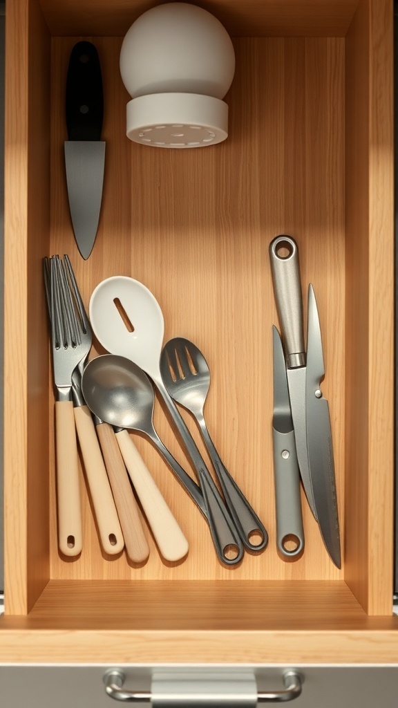 Organized kitchen drawer with utensils and tools neatly arranged.