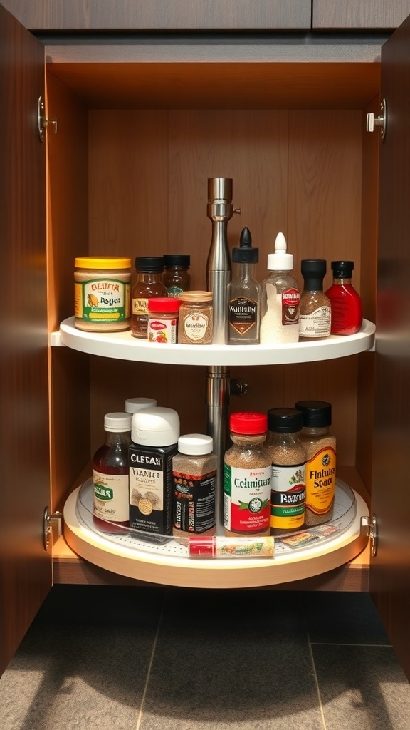 A well-organized kitchen cupboard featuring a rotating lazy Susan with various spices and sauces.
