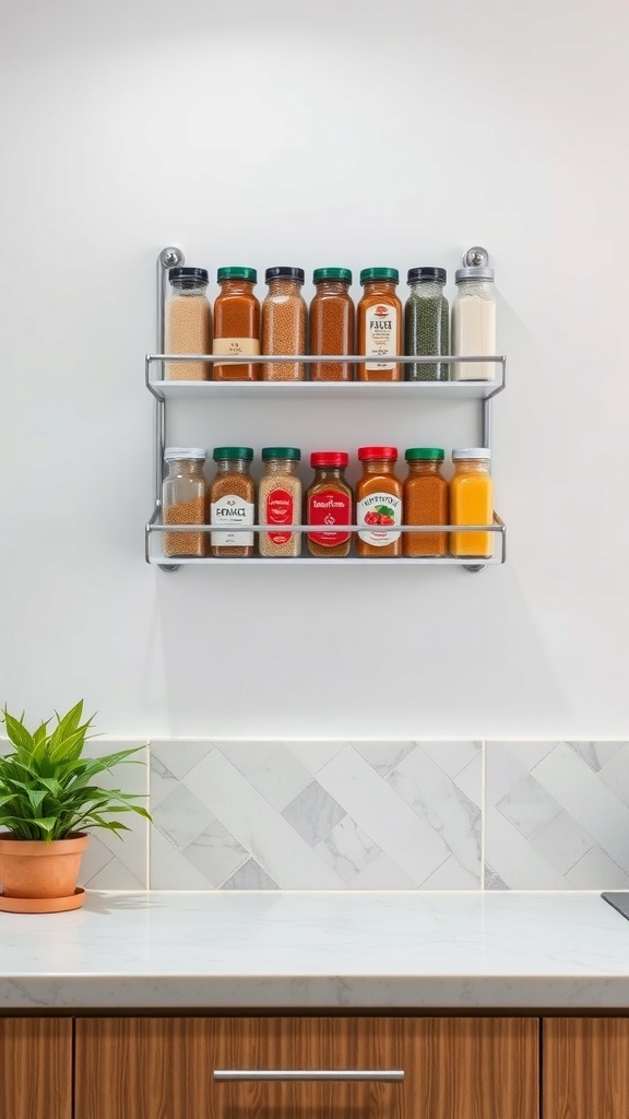 A neatly organized spice rack with various jars on a kitchen wall.