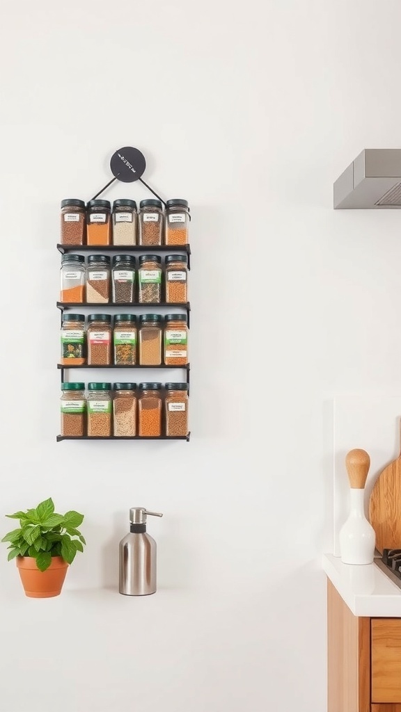A wall-mounted spice rack displaying various spice jars in a modern kitchen.