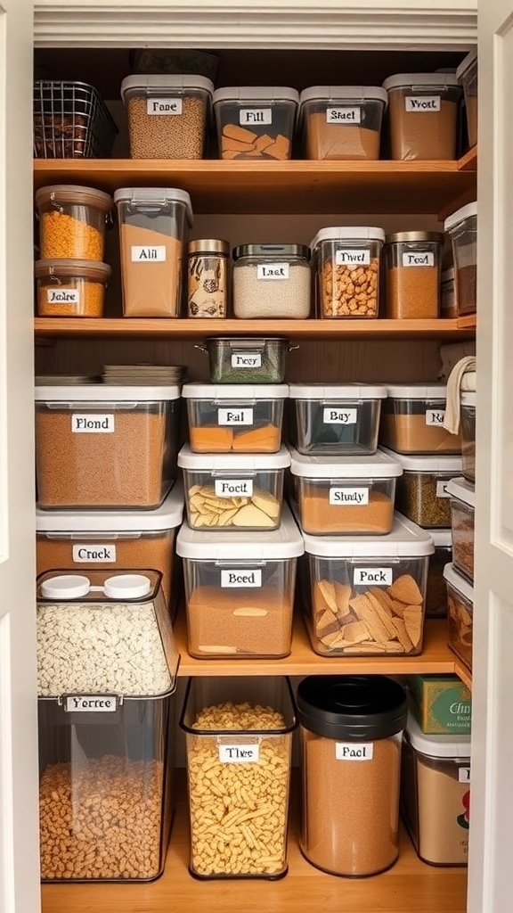 Organized kitchen pantry with clear labels on containers