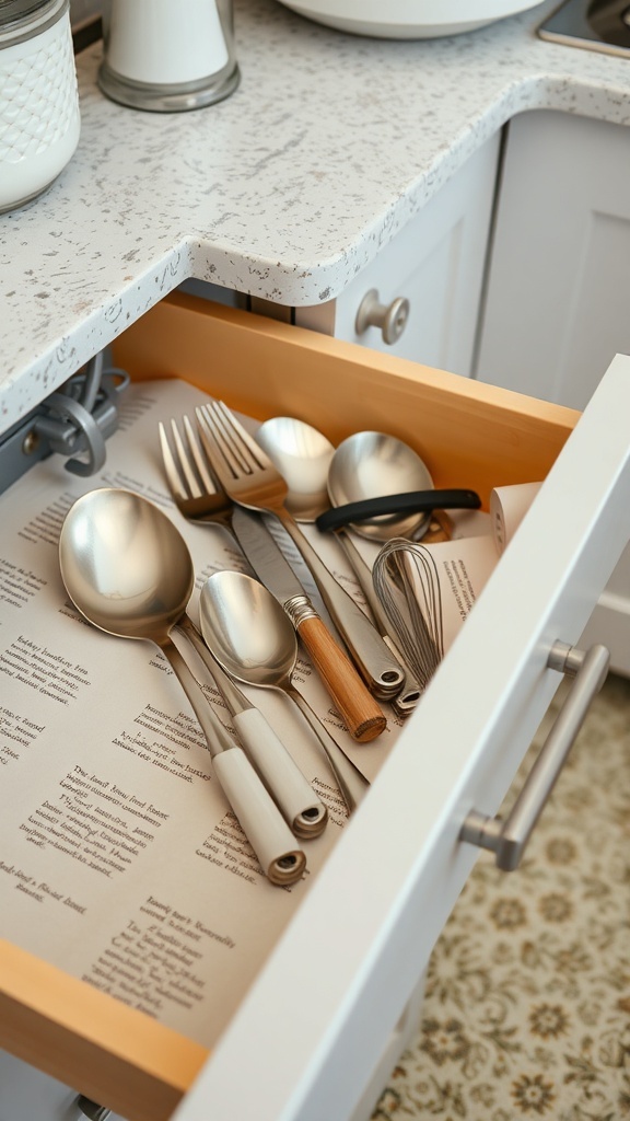 A kitchen drawer filled with utensils, featuring a decorative liner.