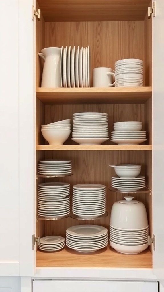 Organized kitchen cabinet with shelf risers holding plates and bowls.
