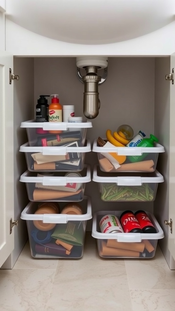 Under sink organization with stackable bins for versatile storage.