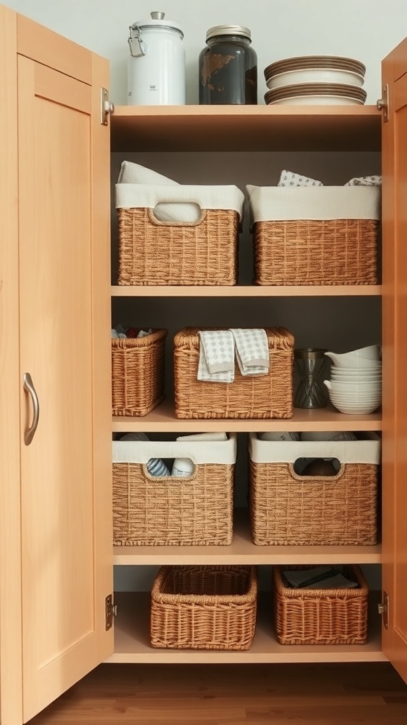 Organized kitchen cabinet with woven baskets holding various kitchen items.
