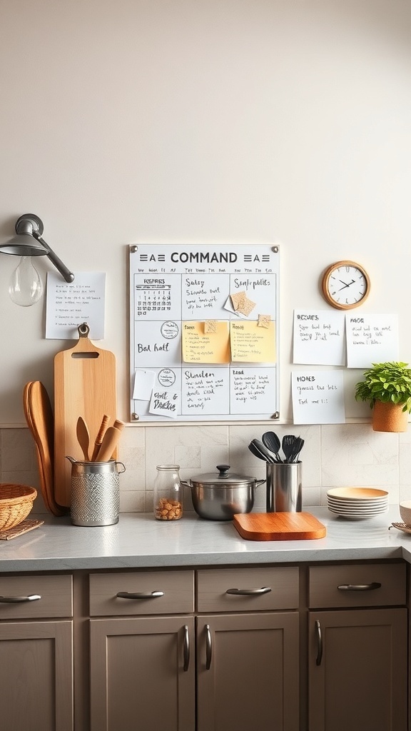A kitchen command center with a bulletin board displaying schedules, recipes, and notes.