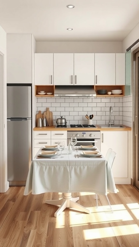 A small Indian kitchen featuring a foldable dining table set for a meal.