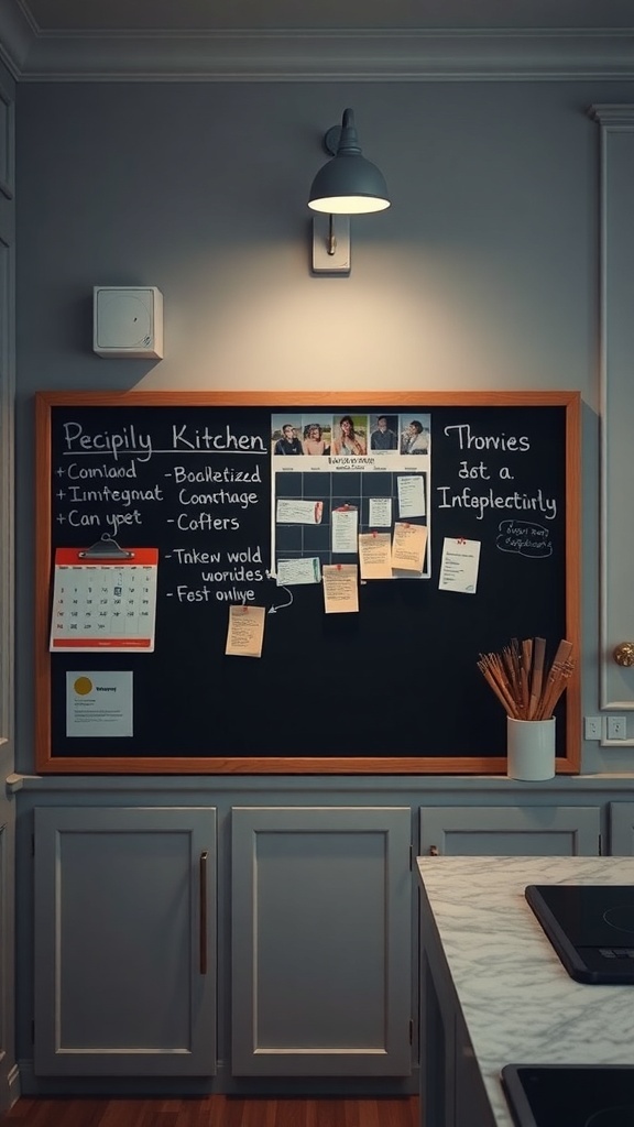 A kitchen command center featuring a chalkboard with notes, reminders, and a calendar.