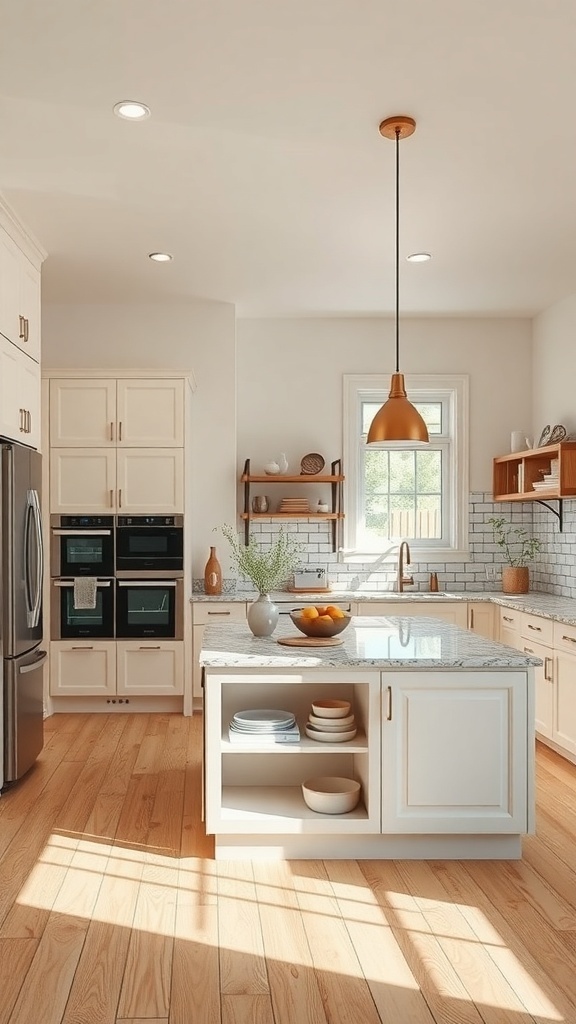 A modern kitchen featuring a spacious island with a marble countertop and wooden accents.