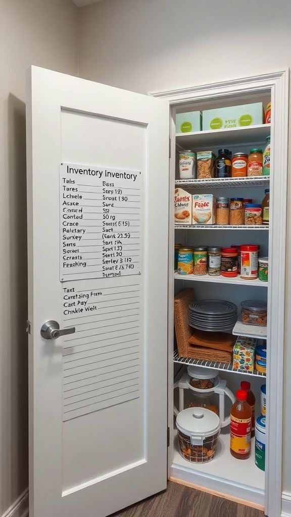 A pantry door with an inventory list and organized shelves filled with various food items.
