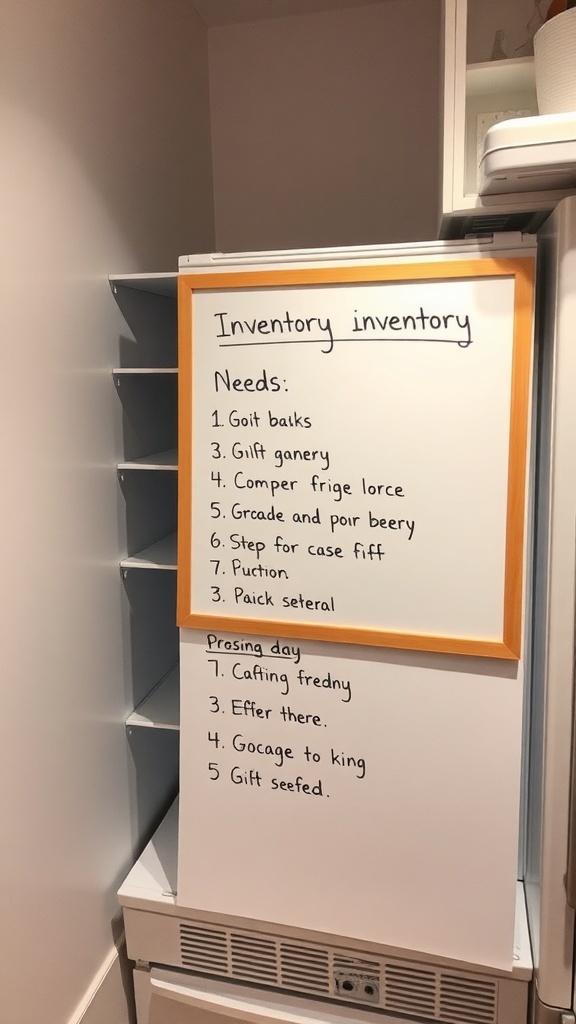 A whiteboard with an inventory list for fridge organization.