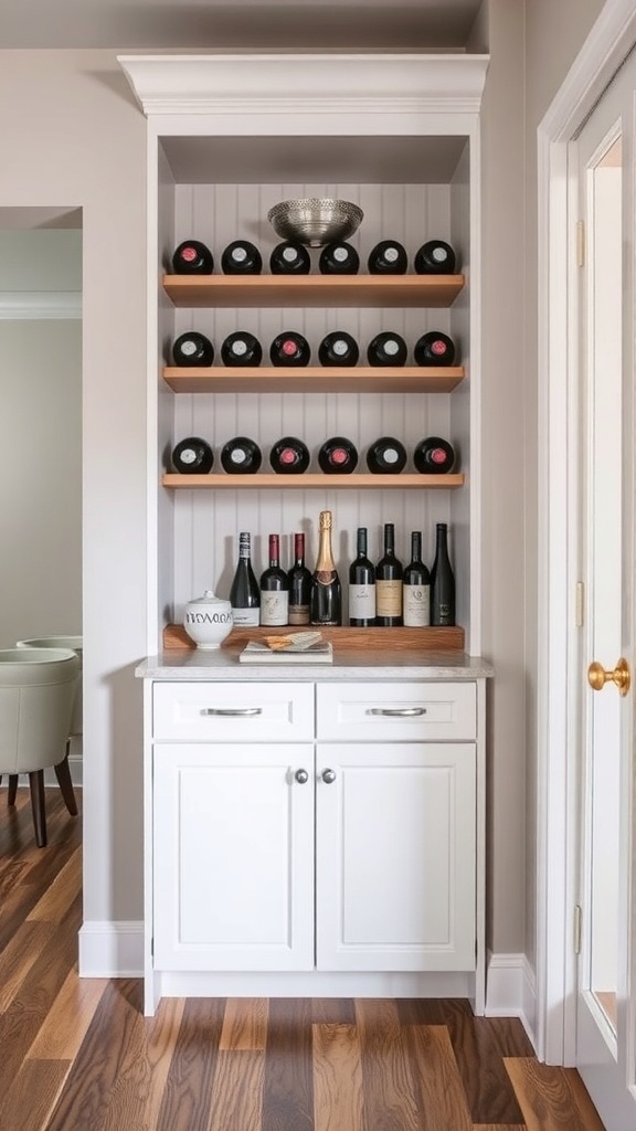 A corner kitchen pantry featuring a wine rack with various wine bottles.