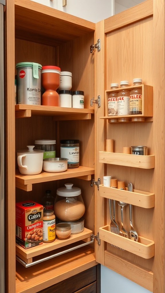 Interior view of kitchen cabinets with adjustable shelving and organized items.