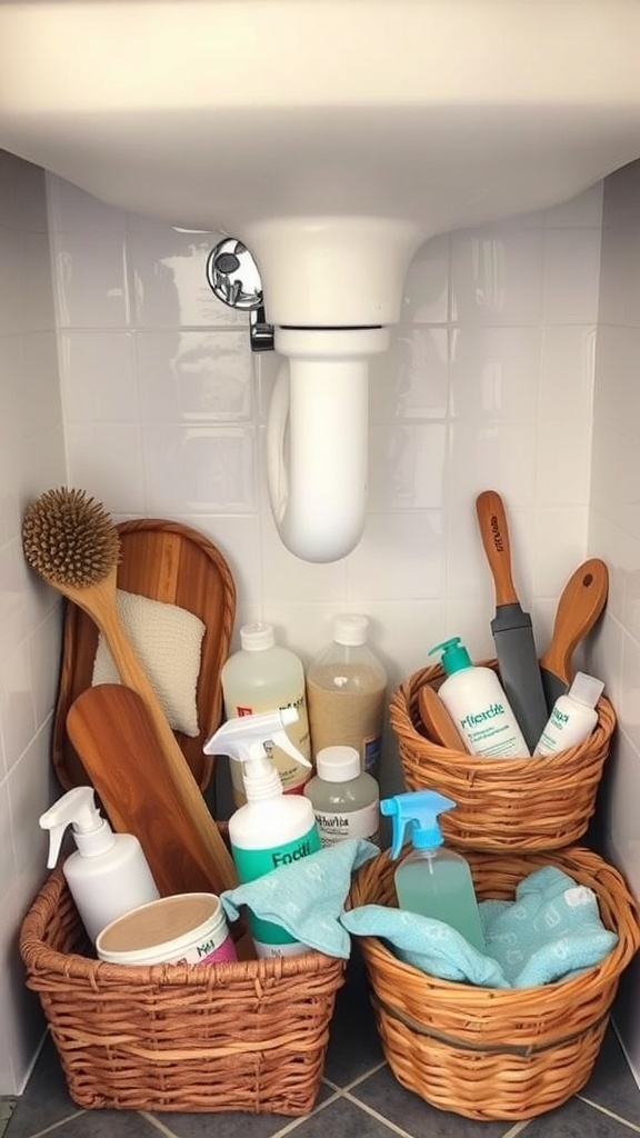 Organized under sink area with baskets holding cleaning supplies.