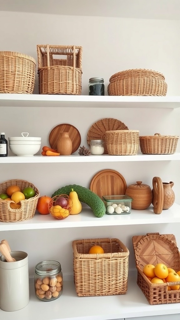 A neatly organized kitchen shelf with various woven baskets and containers.
