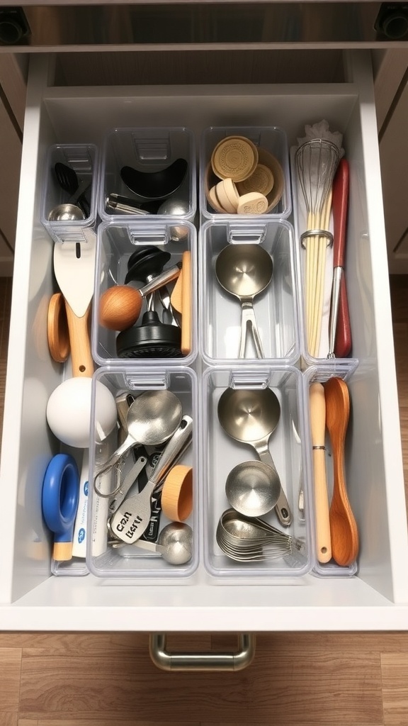 A neatly organized kitchen drawer with clear storage bins holding various utensils and measuring tools.