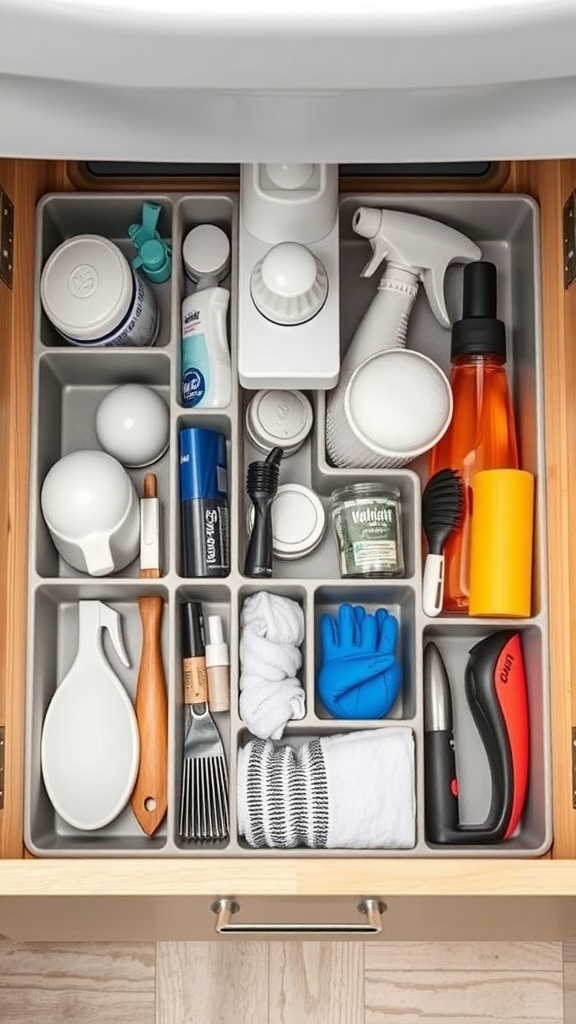 Organized drawer with dividers holding various cleaning supplies and tools.