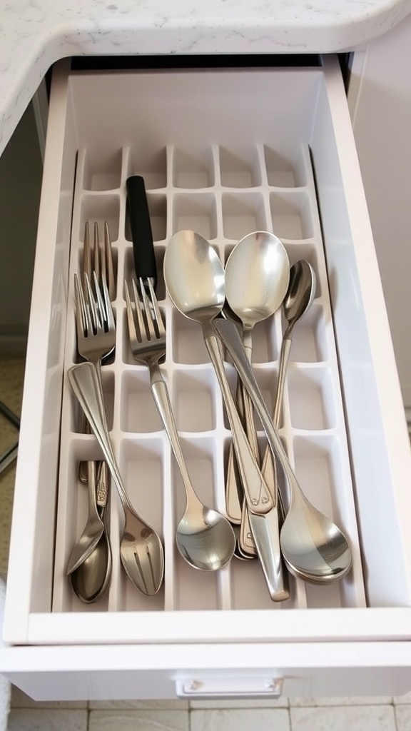 Organized kitchen drawer with dividers for utensils