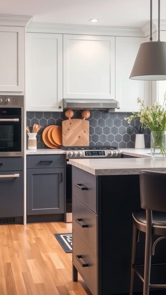 A modern kitchen featuring sleek drawer pulls and a stylish design.