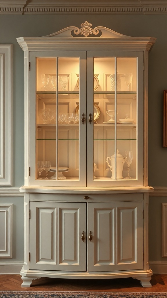 Upper corner cabinet with glass doors showcasing elegant dishware.