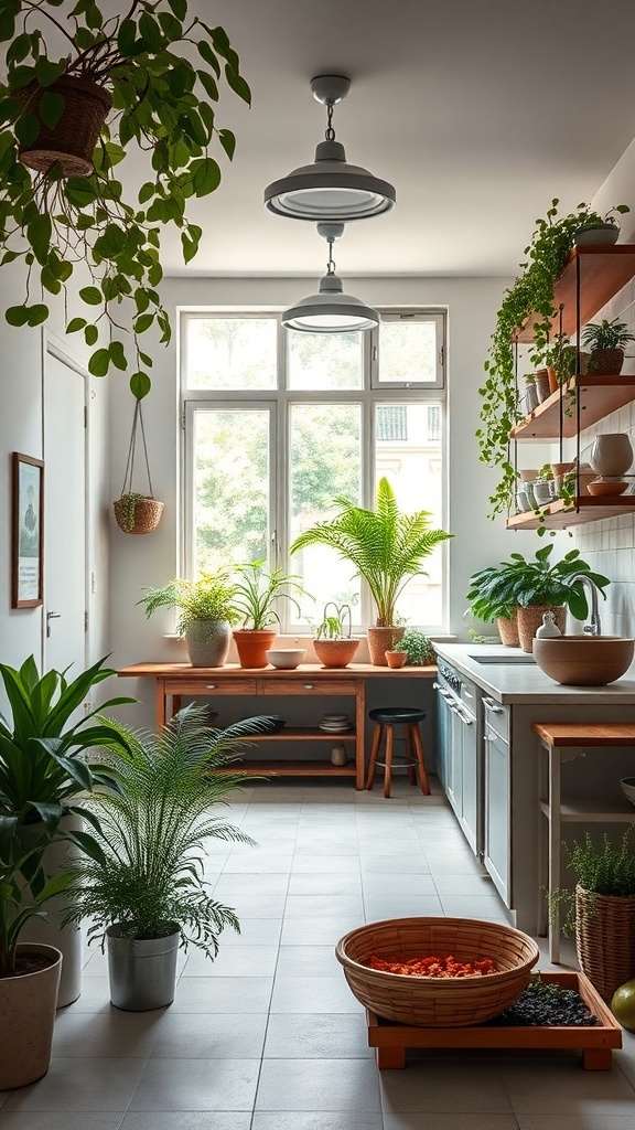 A bright open kitchen filled with various plants and herbs, showcasing a cozy and inviting atmosphere.