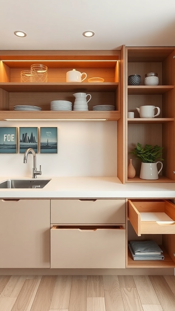 A modern small kitchen with hidden storage features, including drawers and shelves.