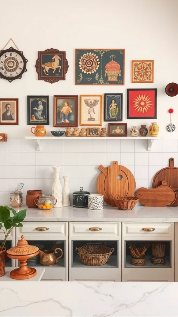 A small kitchen featuring Indian art and crafts on the walls and shelves.