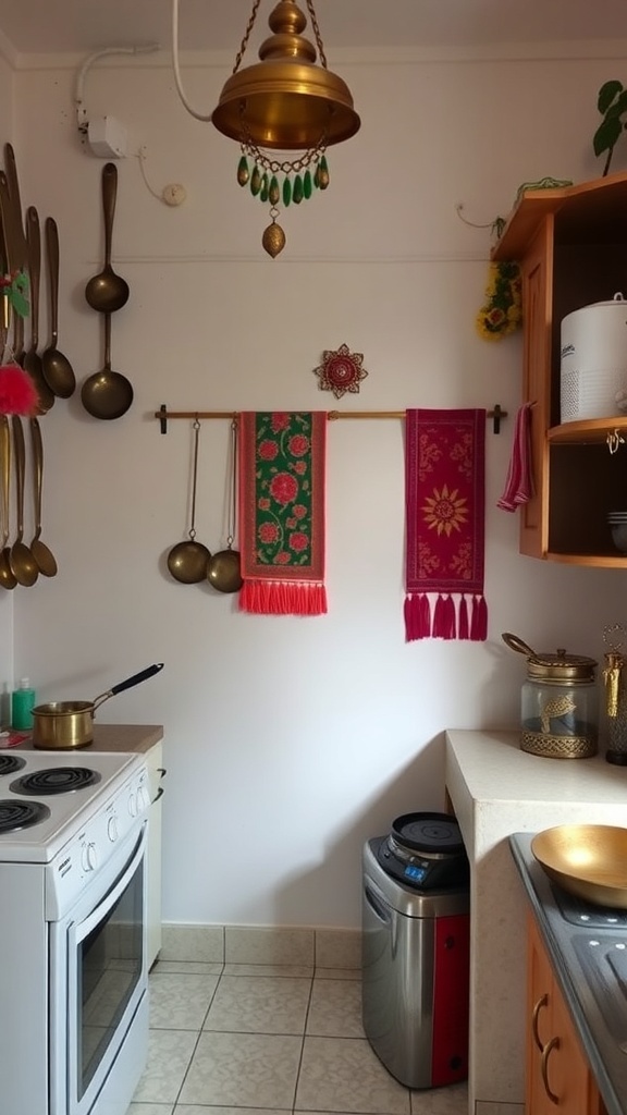 A small Indian kitchen featuring colorful textiles, traditional utensils, and a brass lamp.