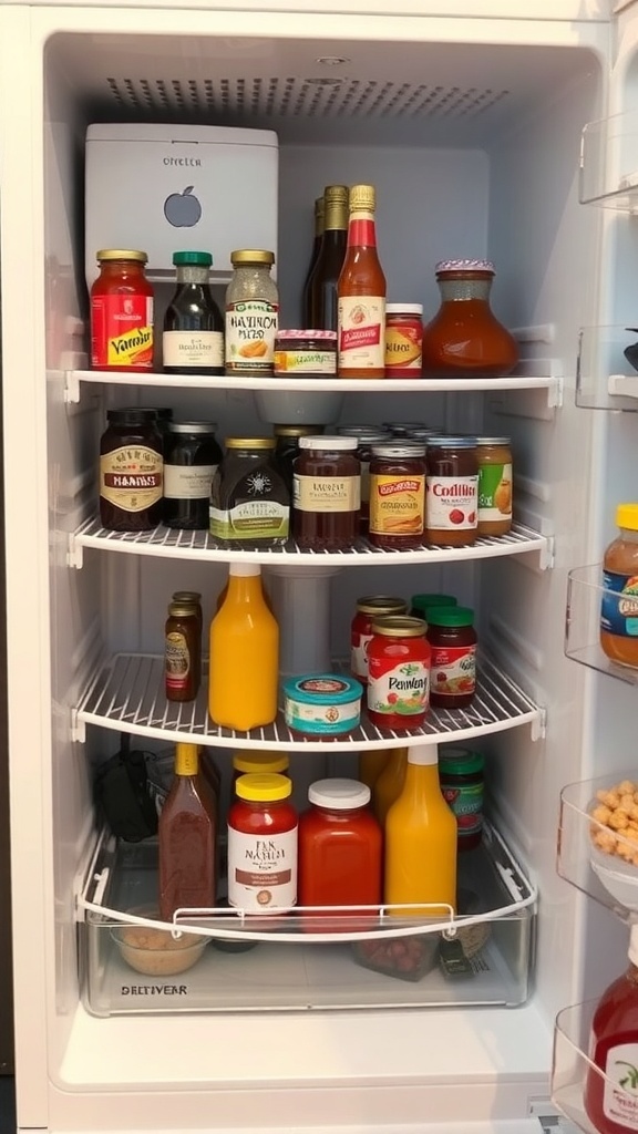 A well-organized small fridge with various condiments and drinks.