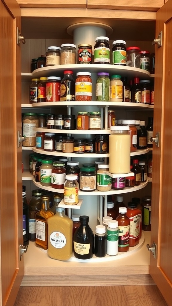 A well-organized corner cabinet featuring a lazy Susan filled with various jars and bottles.