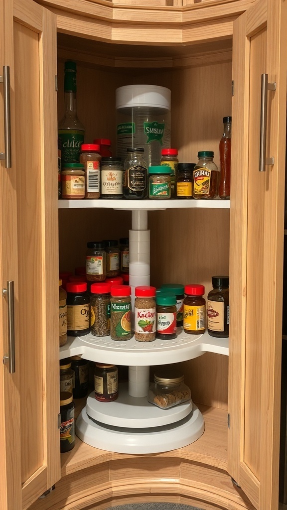 A corner cabinet featuring a lazy Susan filled with various spices and condiments.