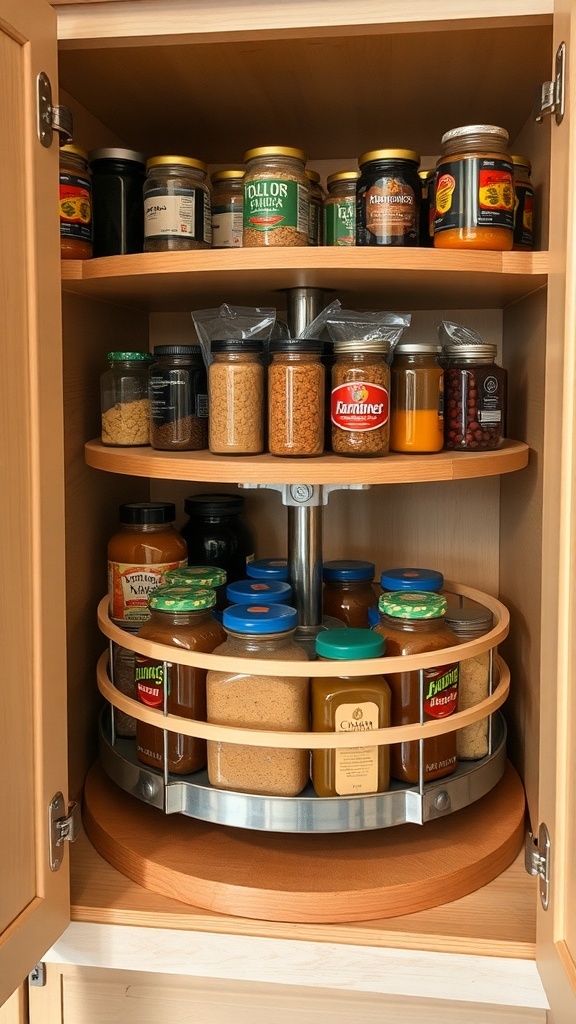 A kitchen cabinet featuring a lazy Susan filled with various jars and containers.