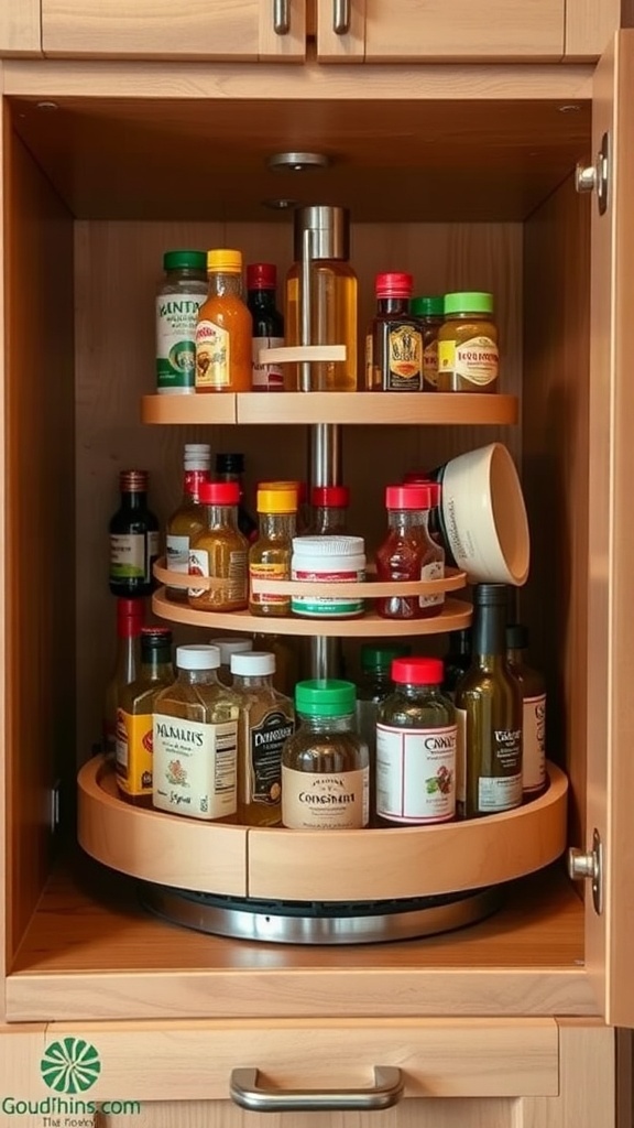 A wooden lazy Susan in a kitchen cabinet filled with various spices and condiments.