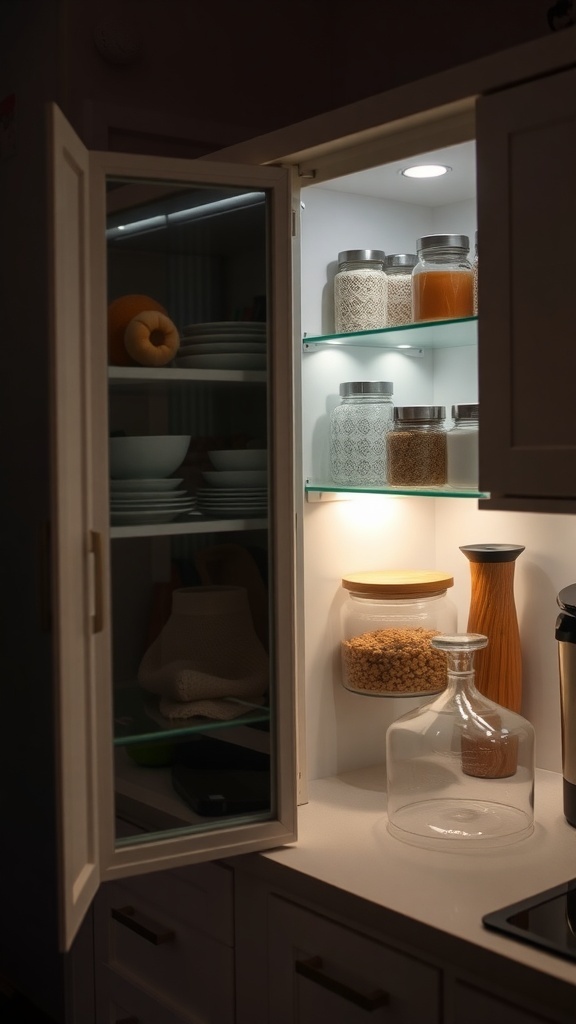 A well-organized corner kitchen cabinet with clear jars and good lighting.