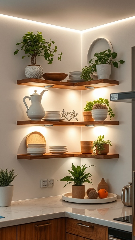 Corner shelves in a kitchen with plants and dishes, illuminated by soft lighting.