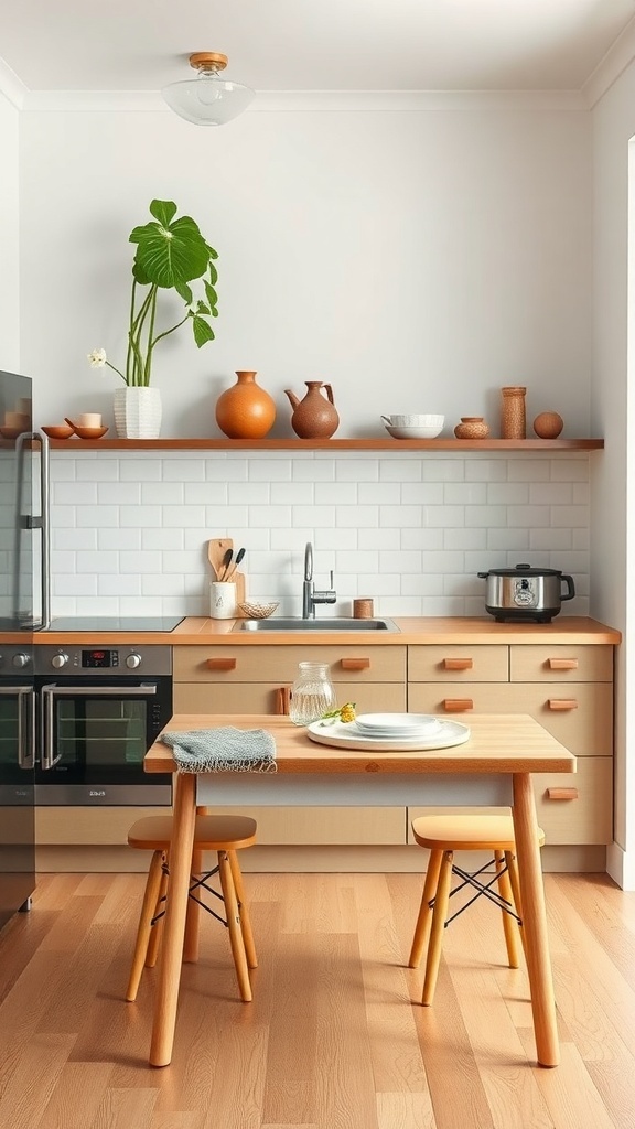 A small kitchen featuring a wooden table and stools, with a clean and organized layout.