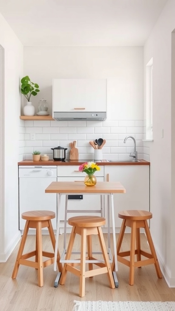 A small kitchen with a multi-functional table and stools.