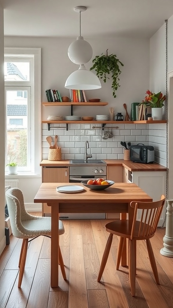 A small Indian kitchen featuring a wooden table and two chairs, with shelves and plants.