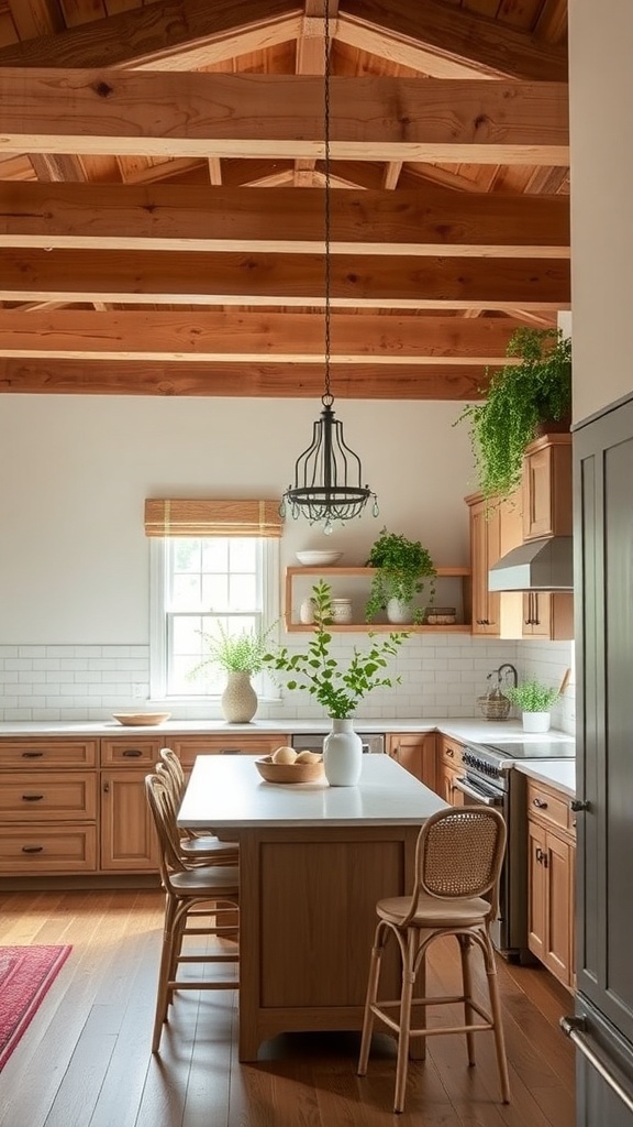 A modern farmhouse kitchen featuring wooden cabinets, a white countertop, and plants on shelves.