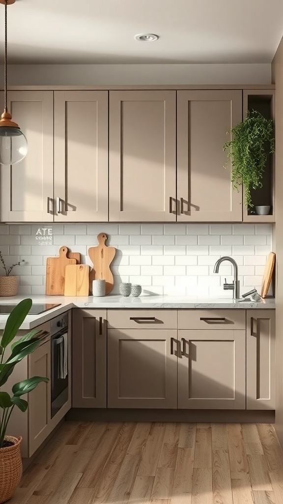 A taupe kitchen featuring cabinets, wooden cutting boards, and plants.